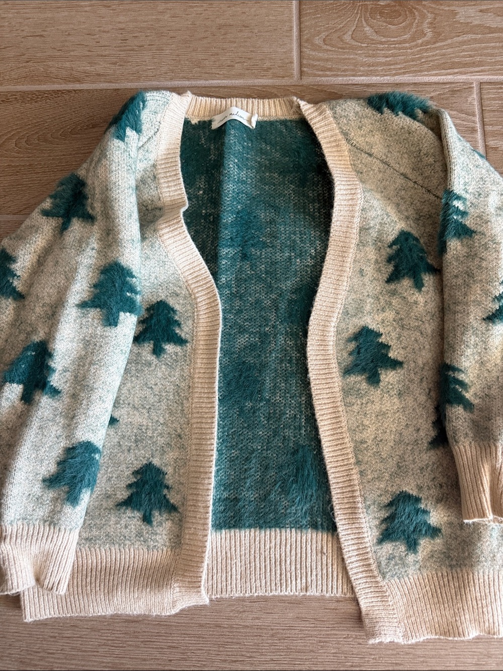 Madison Cream Cardigan with Teal Tree Motifs
